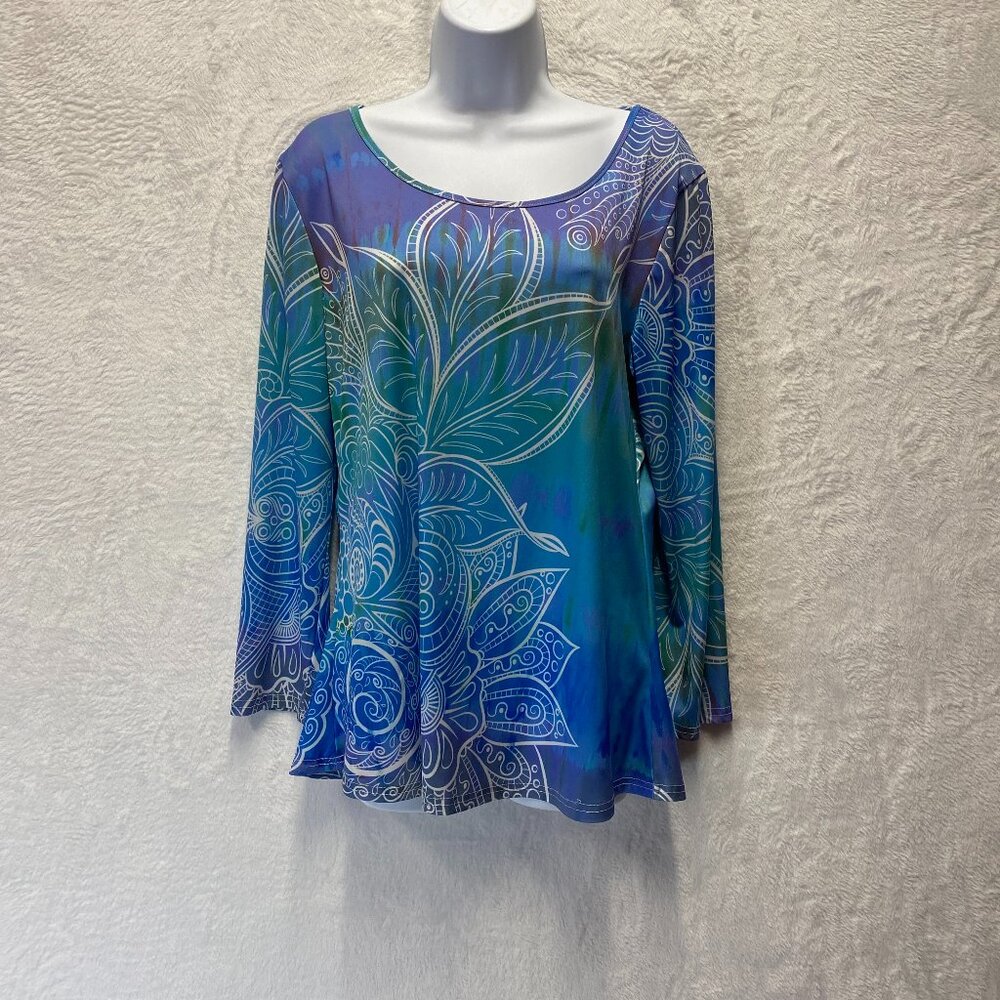 Lily by Firmiana Tunic Top Womens Large Blue Mandala Print Stretch Round Neck